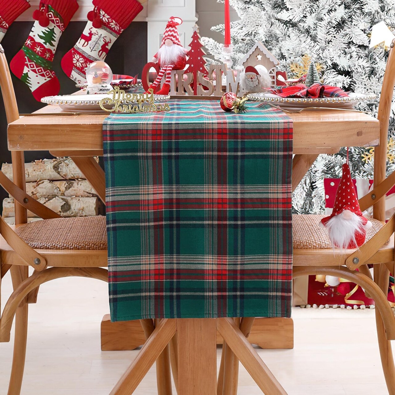2 Packs Green Table Runner Christmas Table Runner 13x84 Inch Buffalo Plaid Table Linens Check Kitchen Dining Party Table Decoration